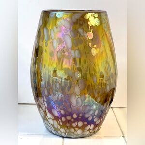 Z Gallerie White Confetti Luste Amber Ribbed Gold Iridescent Hand Blown Vase 9.5